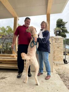 Buddy, a happy golden doodle, reunites with his pet parents after a safe pet transport from Qatar to Italy.