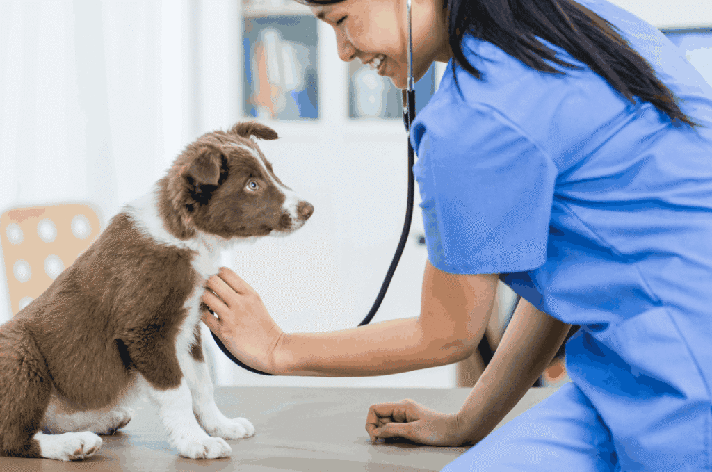 Veterinarian listening to a dog’s heartbeat during a routine health exam for travel preparation.