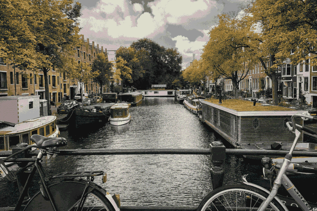 Amsterdam canal lined with houseboats and autumn trees, viewed from a bridge with bicycles parked in the foreground.