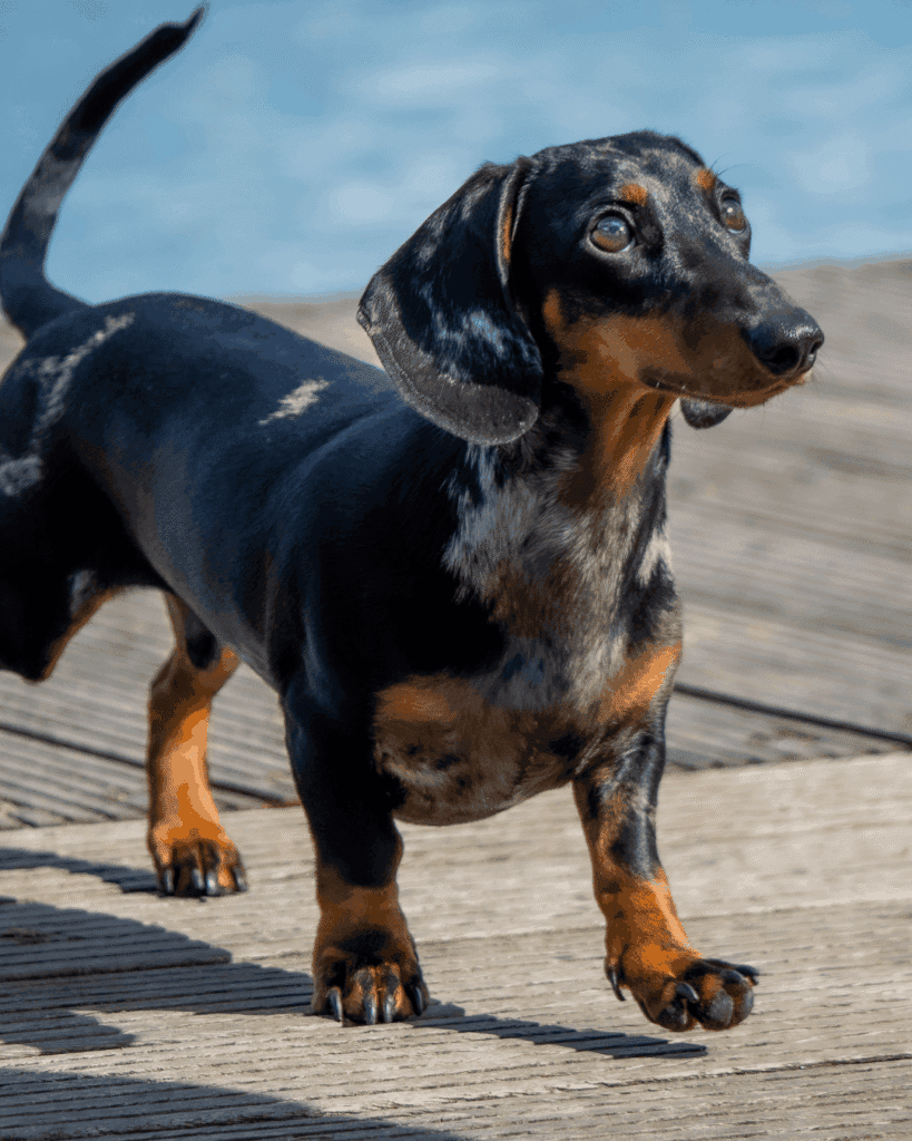 Dapple Dachshund walking on a wooden dock near the water in Greece.