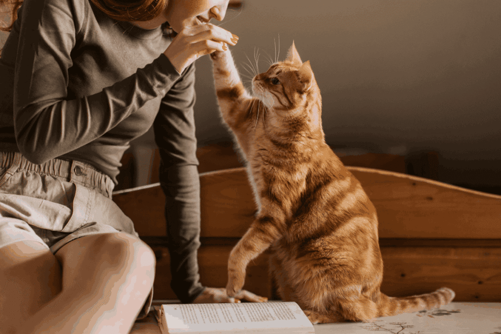 Person sitting on a bed reading a book while an orange tabby cat reaches up and touches their nose with its paw.