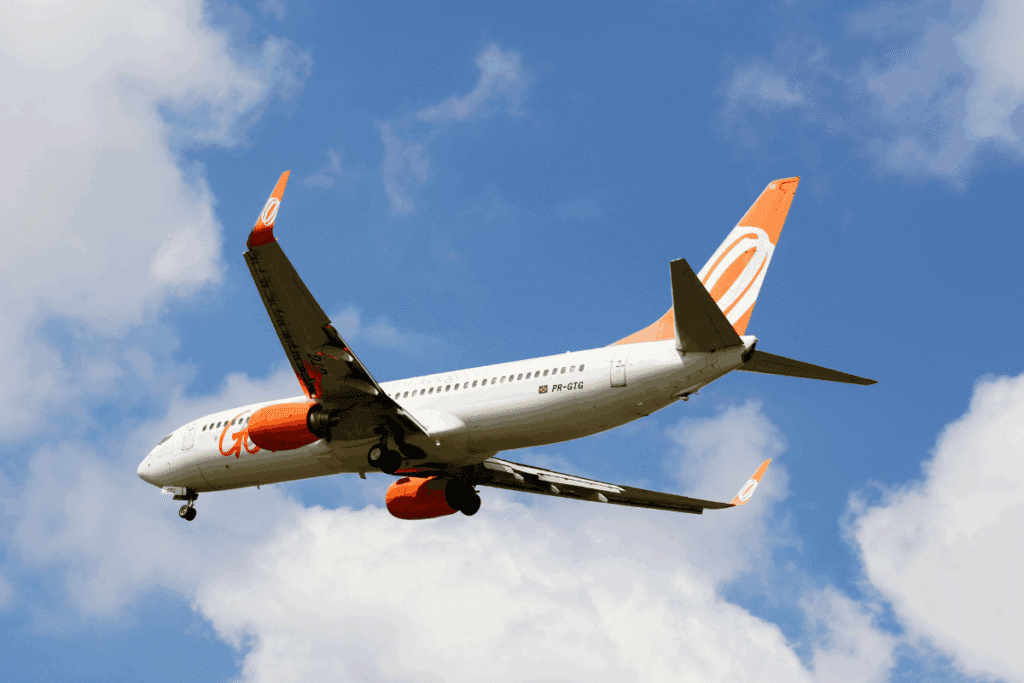 Commercial airplane in flight against a partly cloudy blue sky, landing gear extended.