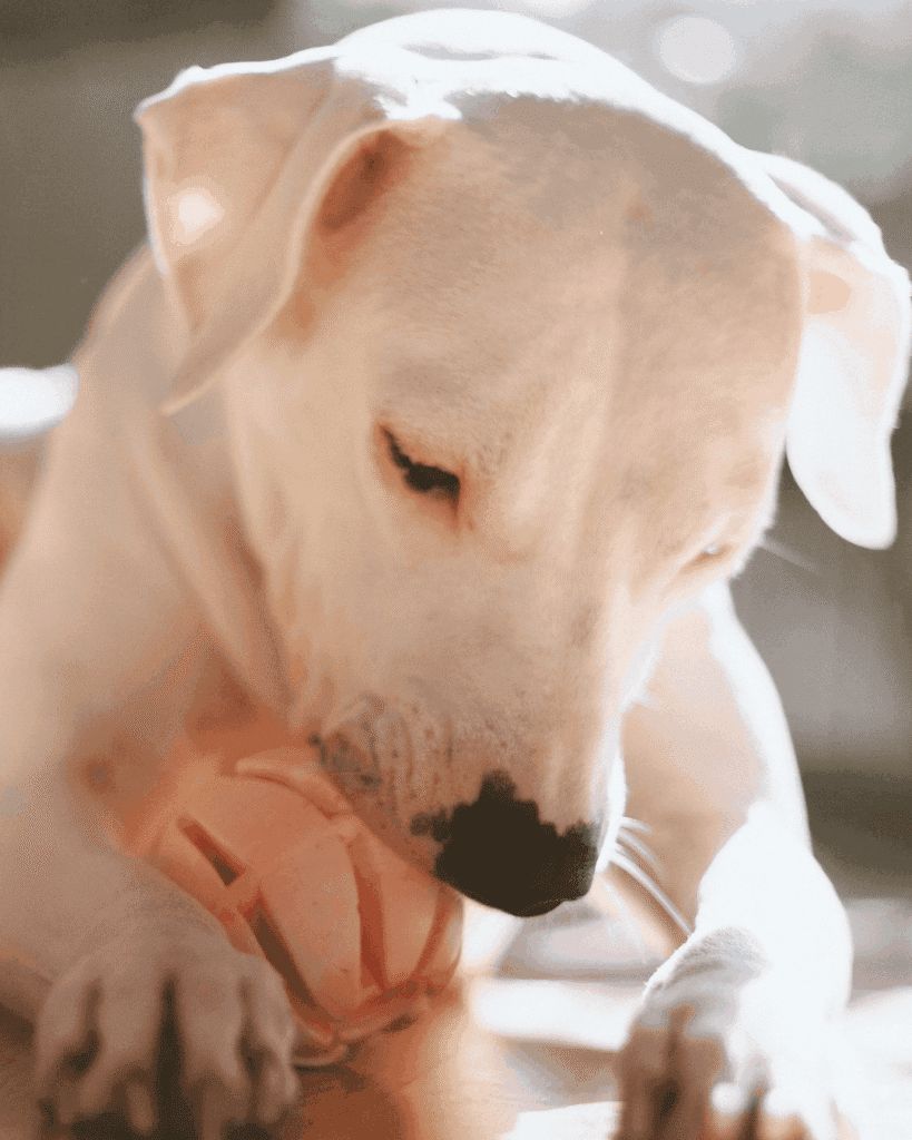 Dogo Argentino chewing a toy indoors, a breed classified as restricted in Portugal.
