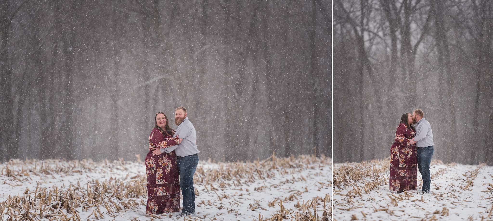 Couple embracing during snowy, wintry engagement session in Auburn, Indiana by Kasey Wallace Photography