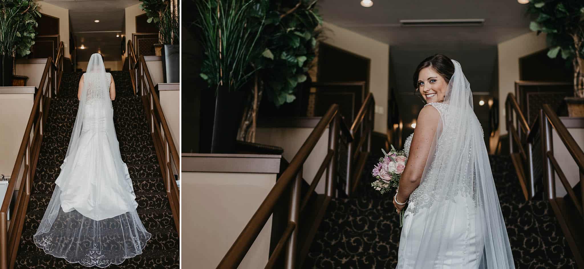 diptych of bride on stairwell showing off her long dress and veil