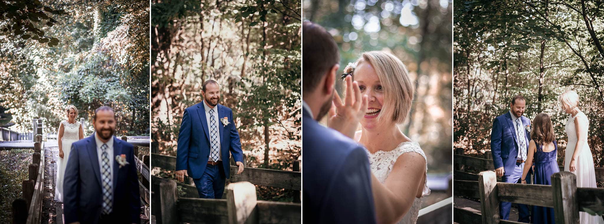 Diptych of bride and groom seeing each other during outdoors First Look at Pokagon State Park wedding