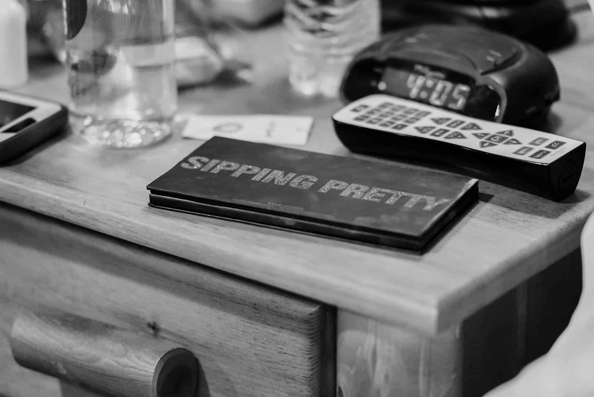 Black and white image of makeup palette during bridal prep at Pokagon State Park