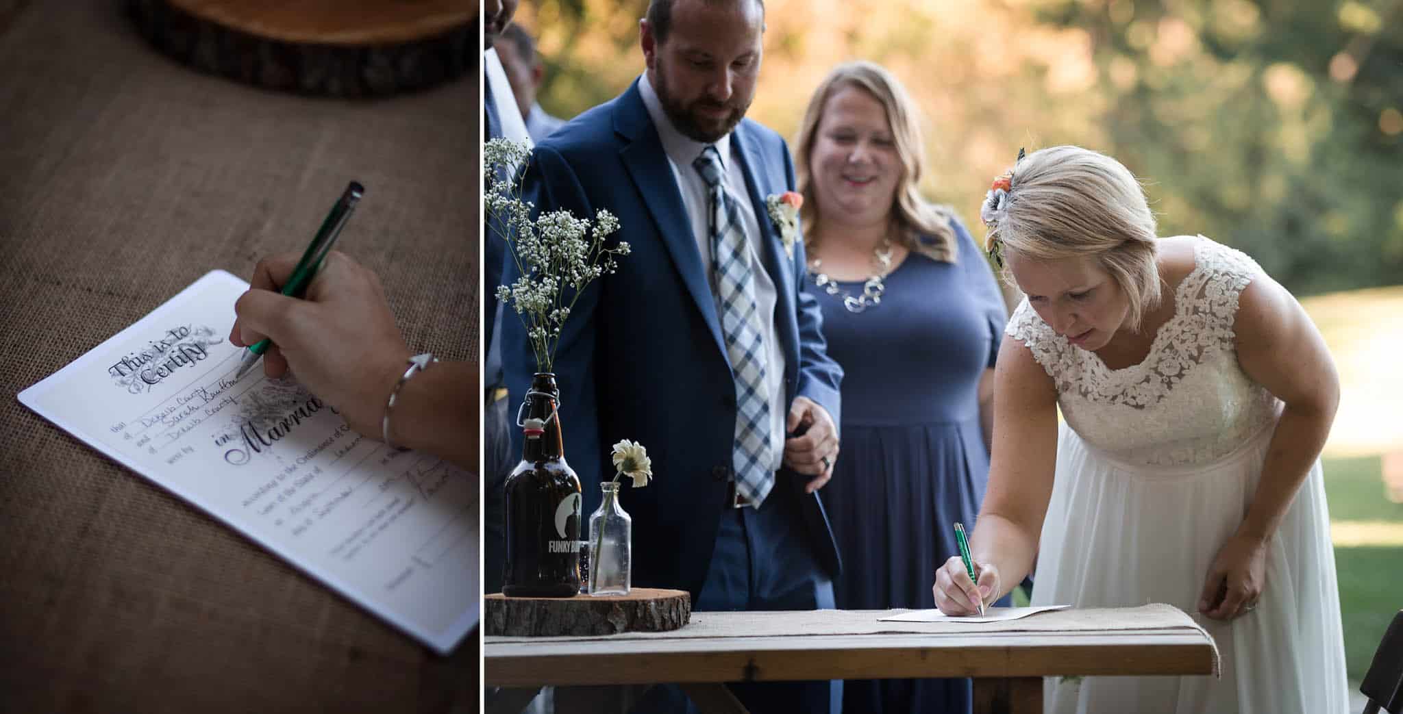 Diptych of bride and groom signing marriage certificate after outdoor wedding ceremony at Pokagon State Park