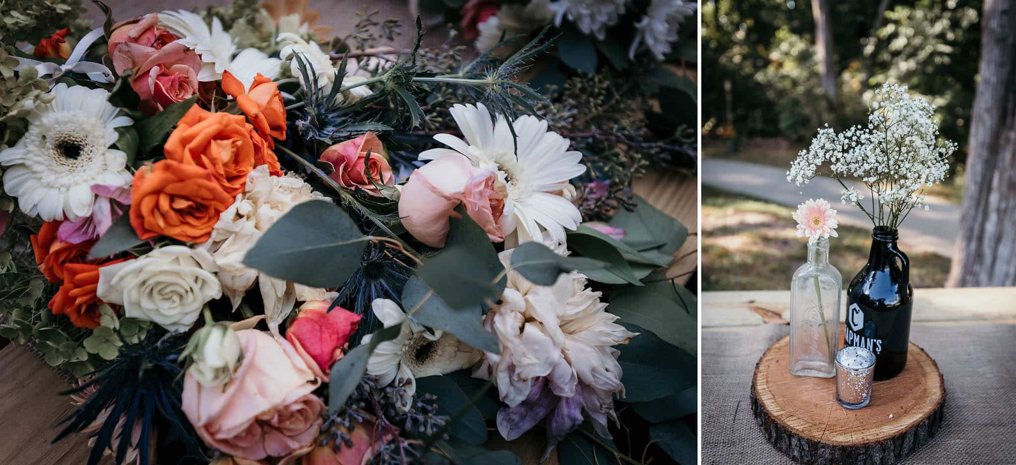 Diptych of bridal bouquet and reception centerpiece