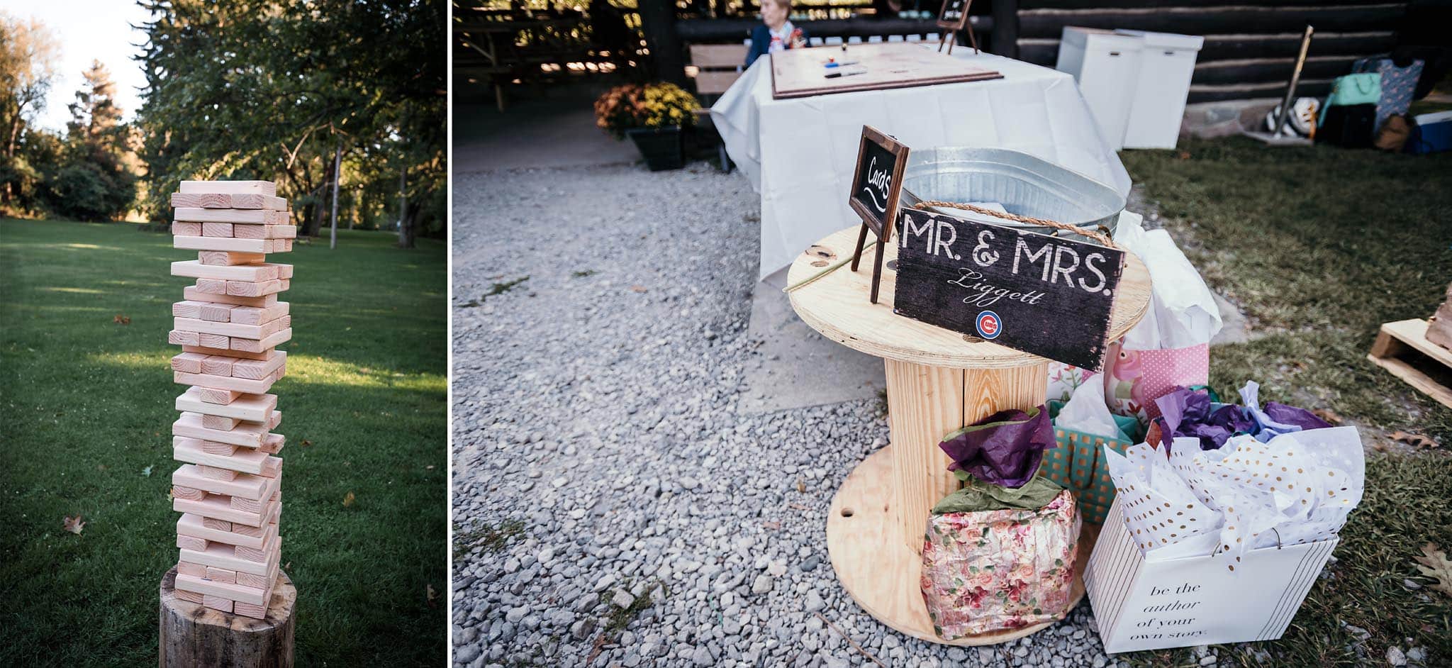 Diptych of large Jenga game and Cubs sign with bride and groom's name at Pokagon State Park wedding reception