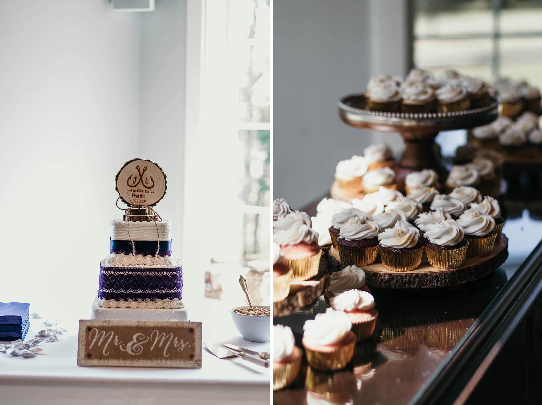 Details of wedding cake and cupcakes at reception