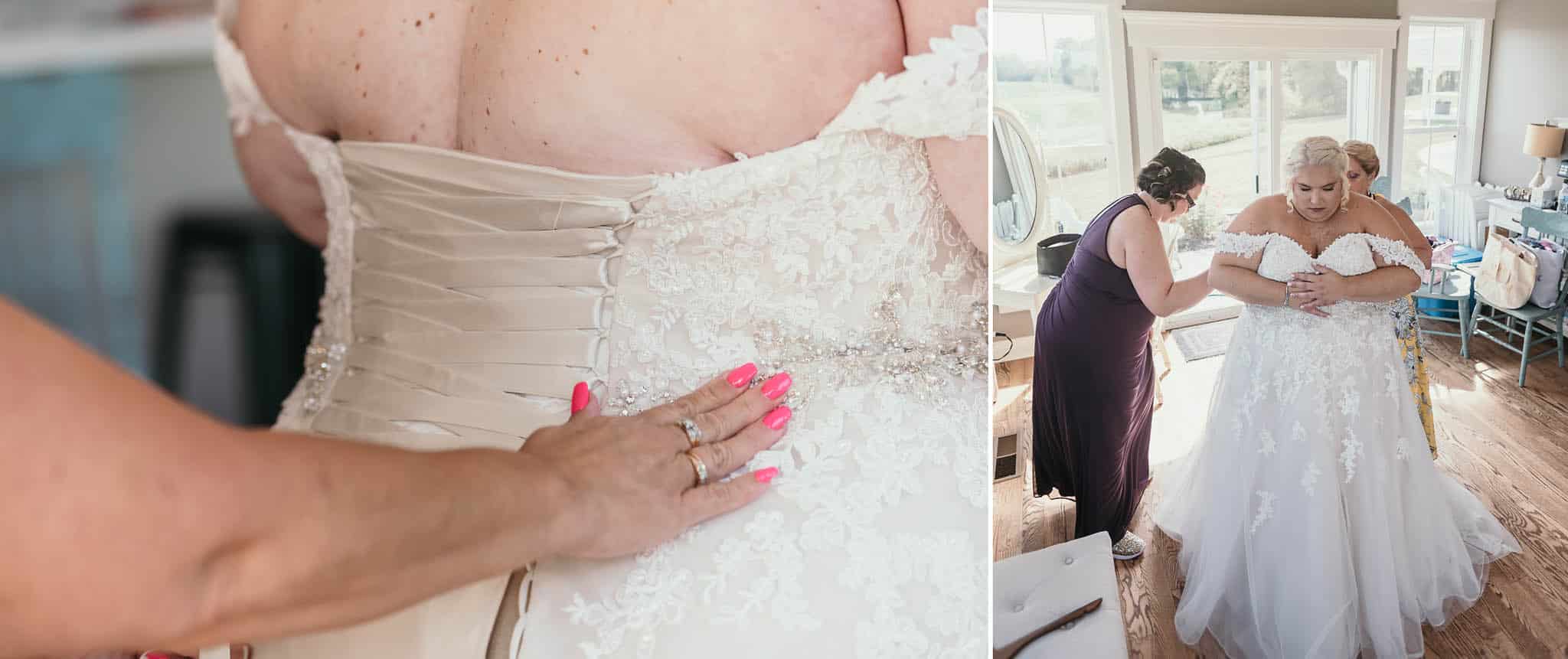 Diptych of bride getting laced into her dress
