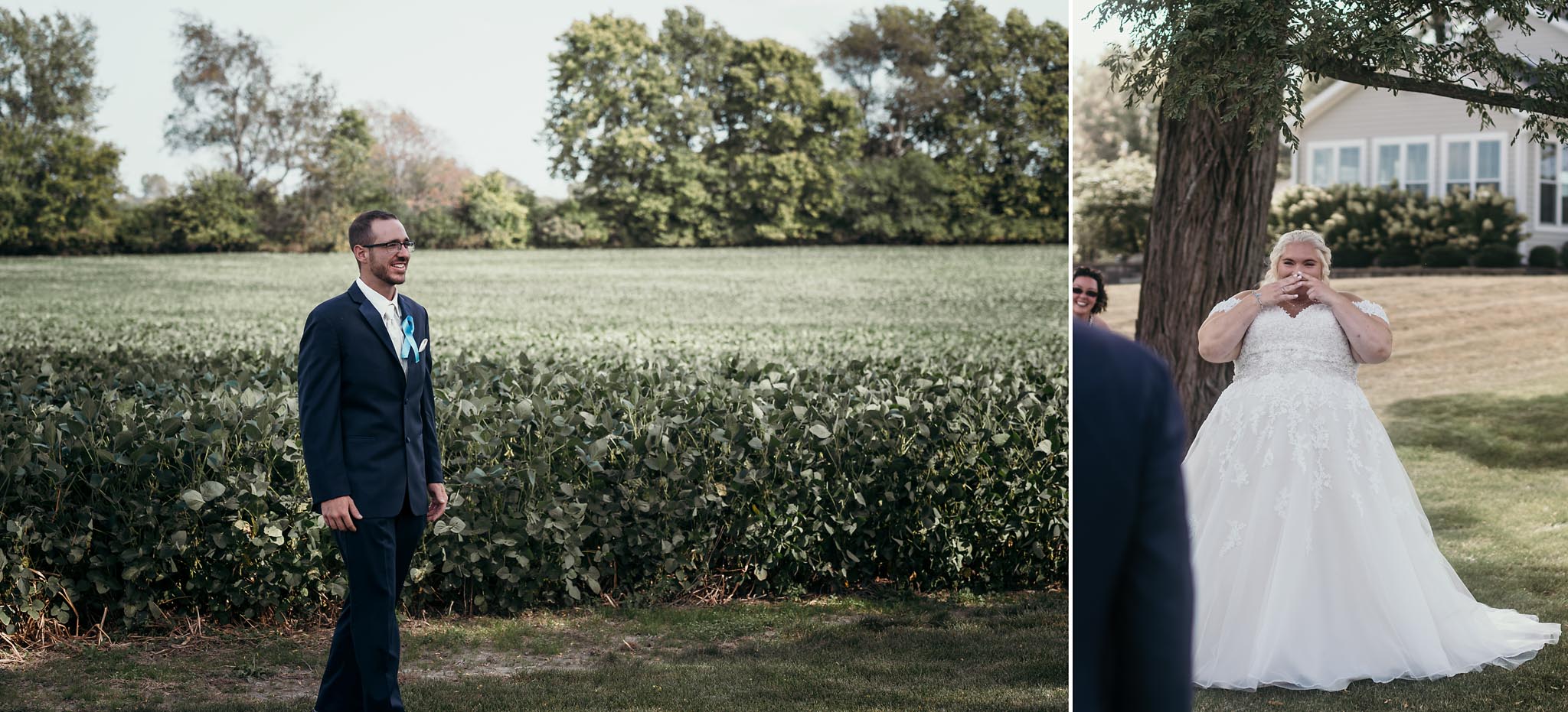 Bride and groom seeing each other during first look