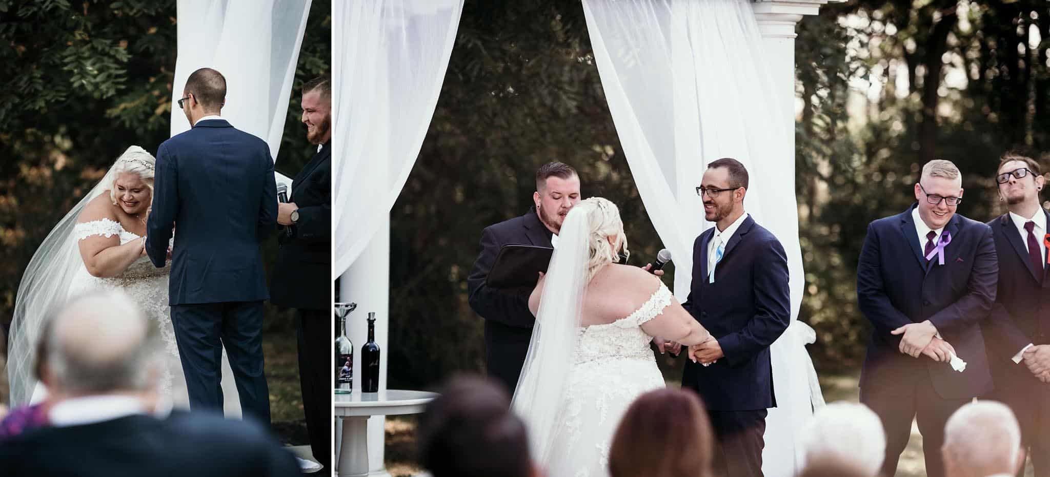 Bride and groom laughing during vows at intimate fall wedding