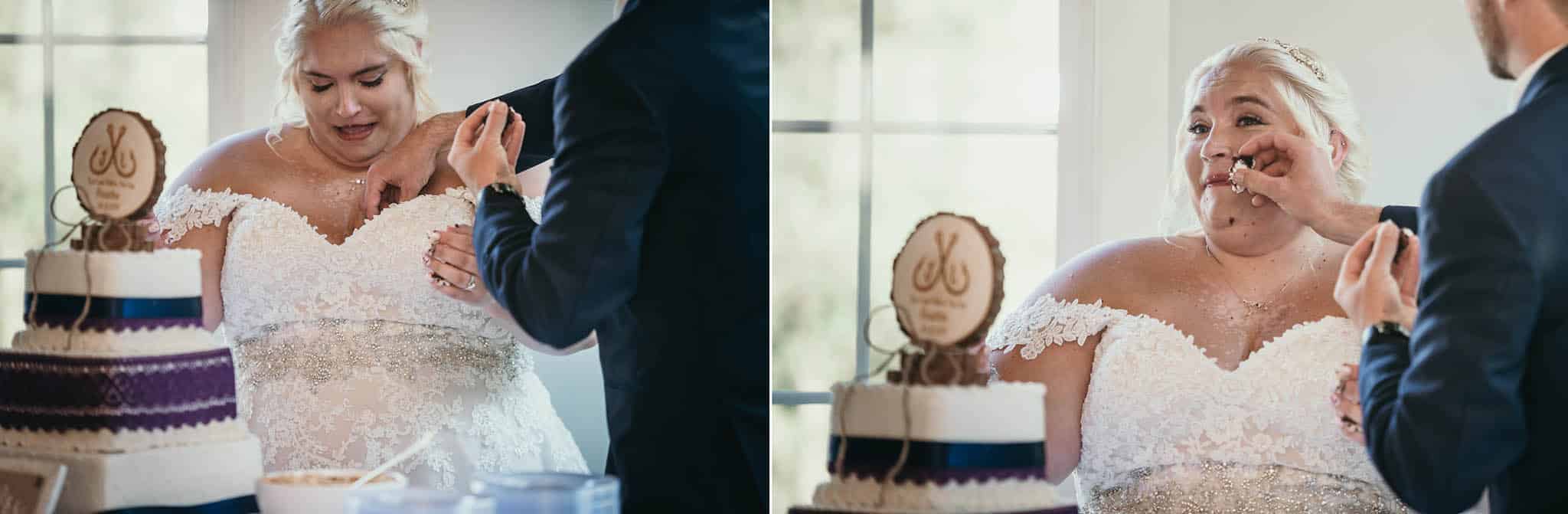 Groom dropping cake down bride's dress