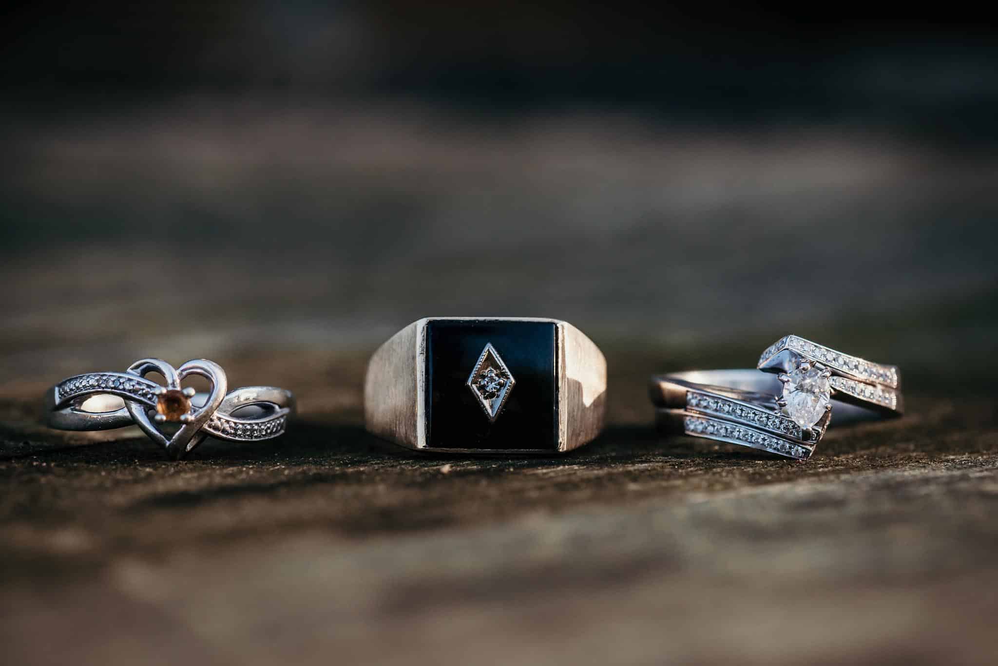 Closeup of family heirloom wedding rings and promise ring