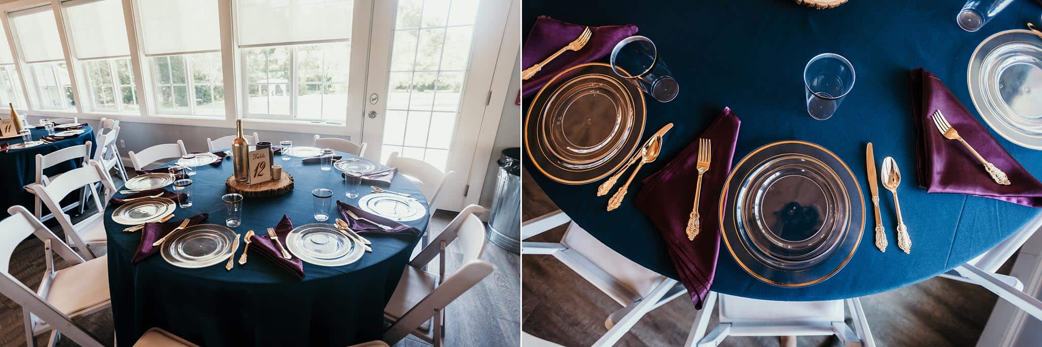Diptych of table decor at intimate fall wedding at the Lodge at River Valley in Yorktown, Indiana