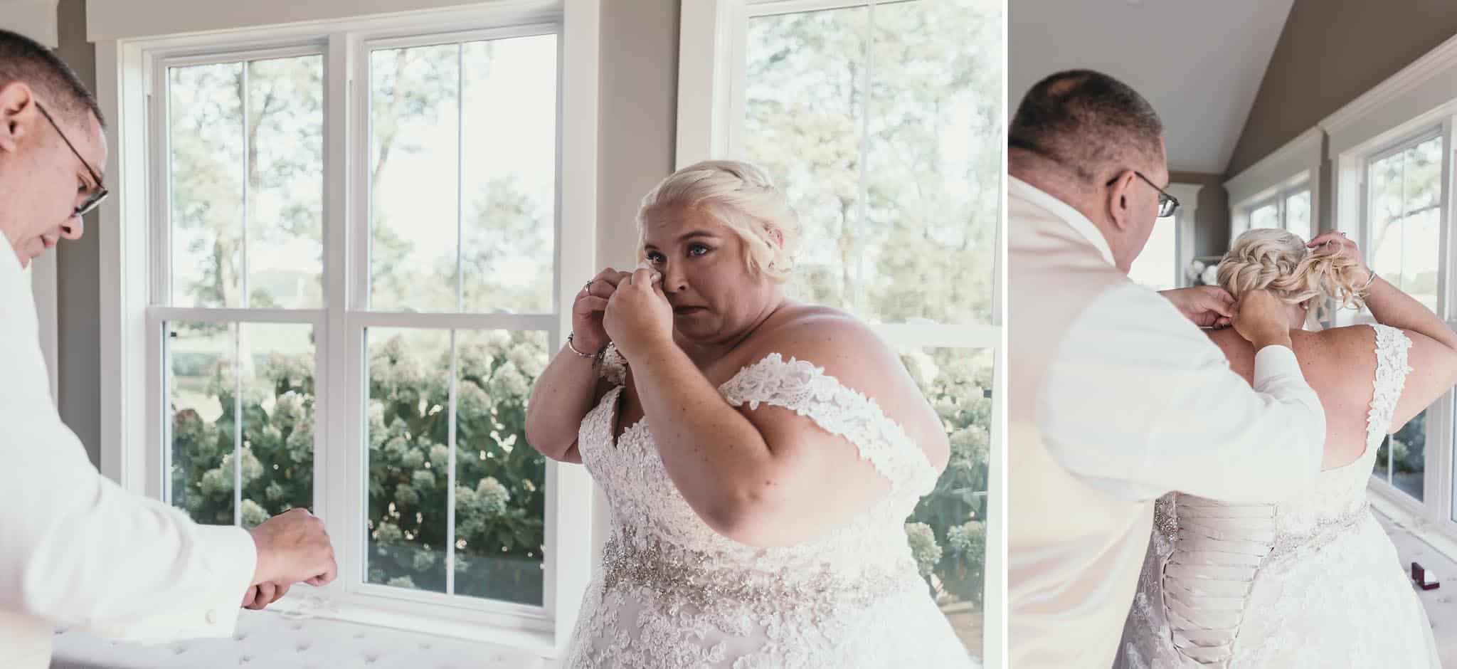 Diptych of stepddad putting necklace on bride during bridal prep at intimate fall wedding at the Lodge at River Valley in Yorktown, Indiana