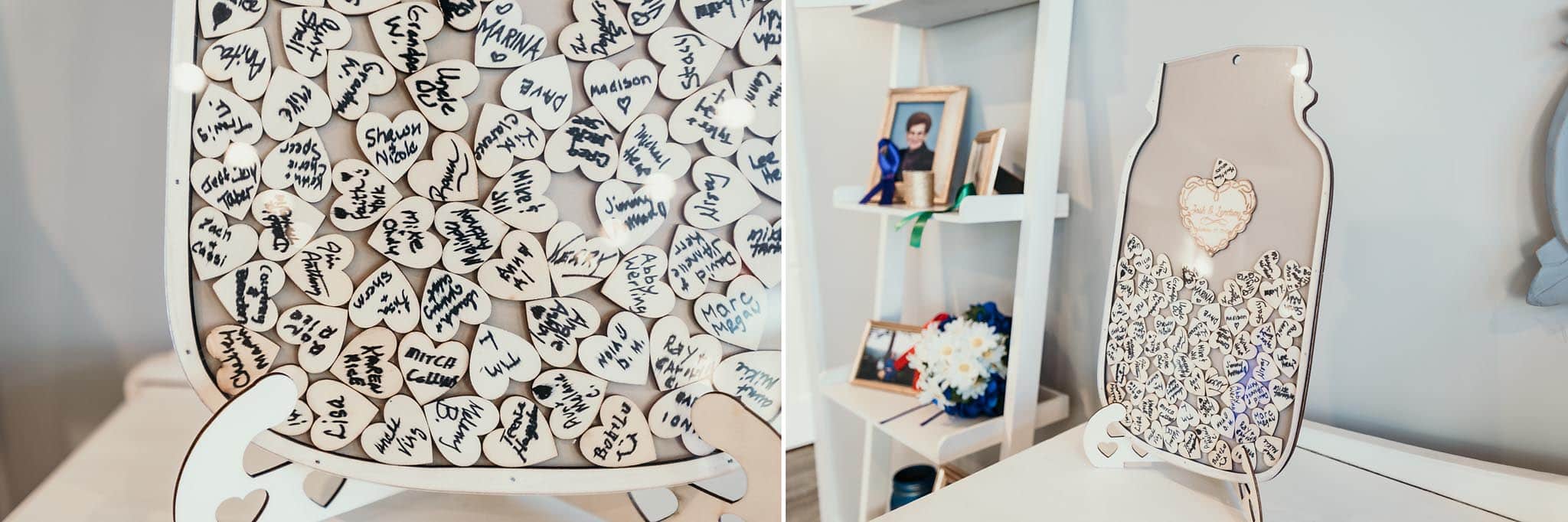 Diptych of signed hearts for wedding guests