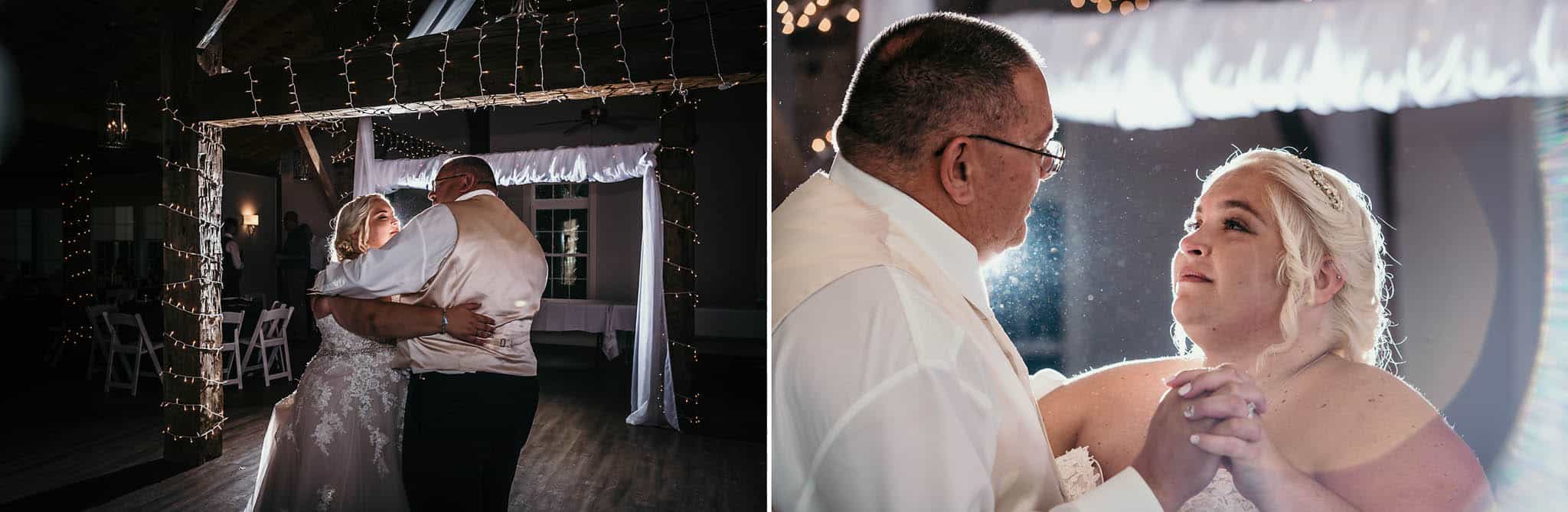 Diptych of bride dancing with stepfather at reception of intimate fall wedding at the Lodge at River Valley in Yorktown, Indiana