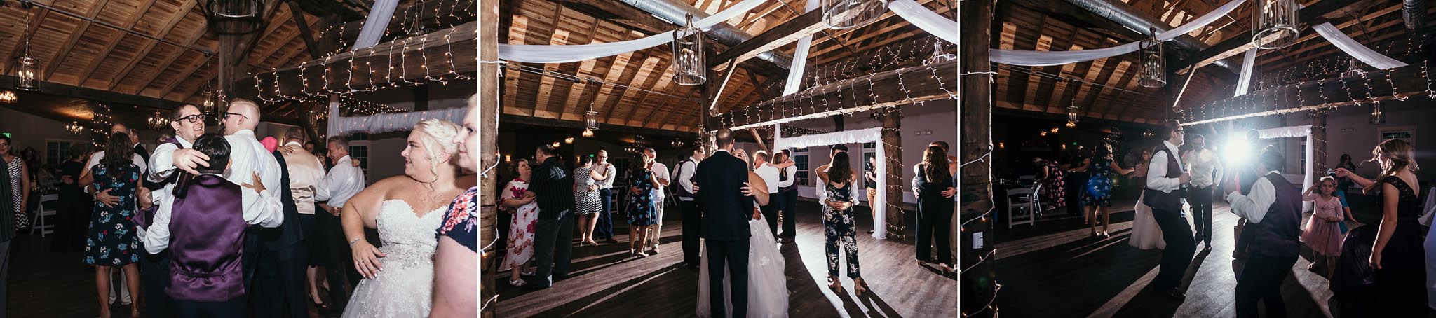 Triptych of dancing at reception of intimate fall wedding at the Lodge at River Valley in Yorktown, Indiana