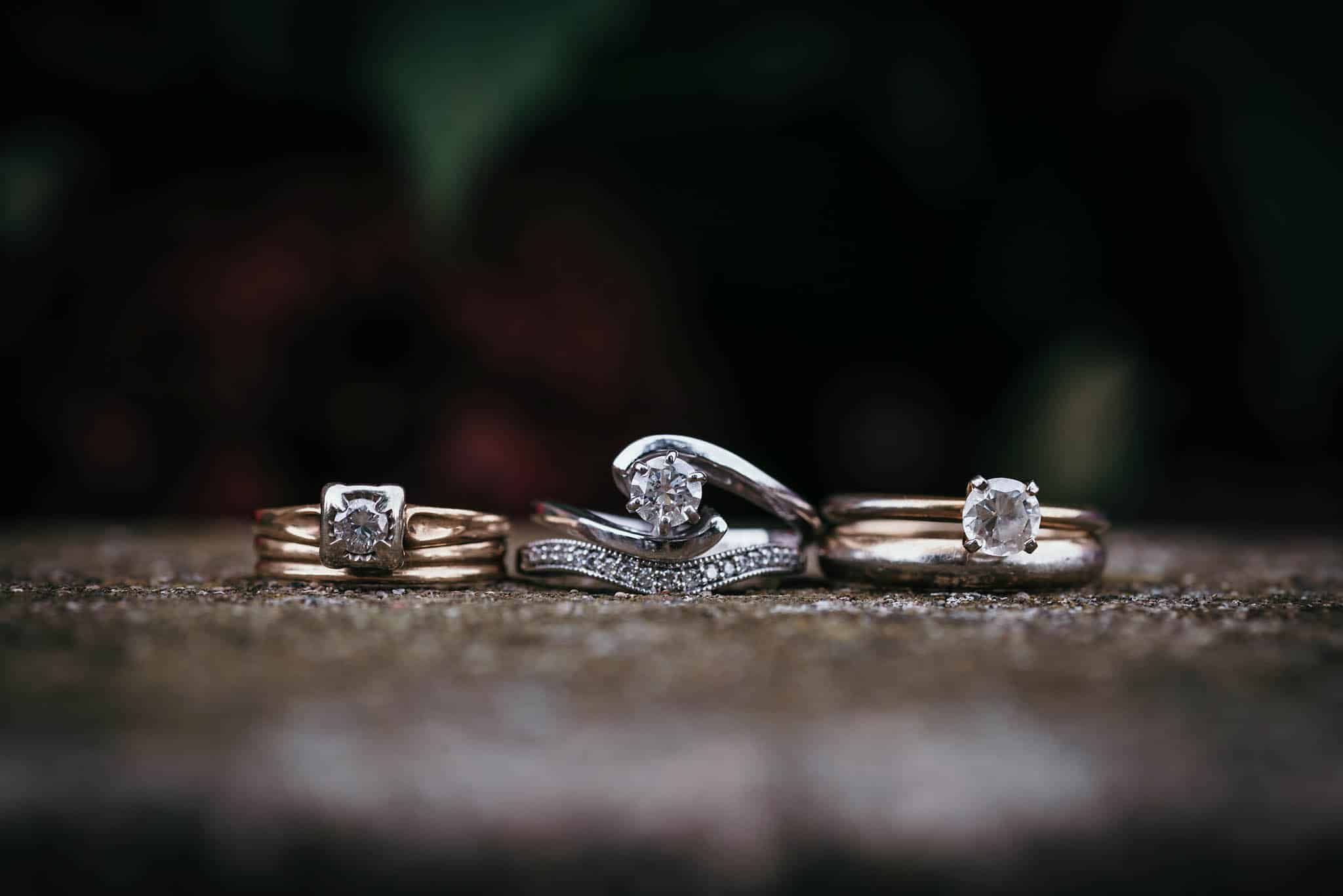 Up close details of three generations of wedding rings