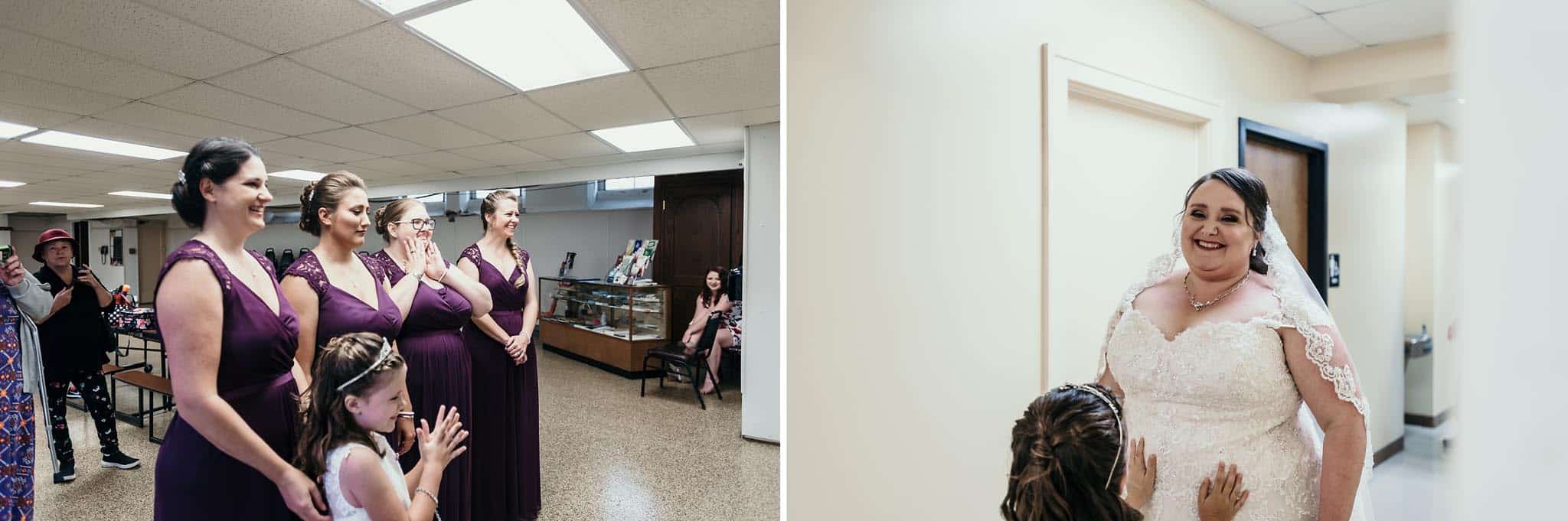Diptych of bridesmaids seeing bride for the first time
