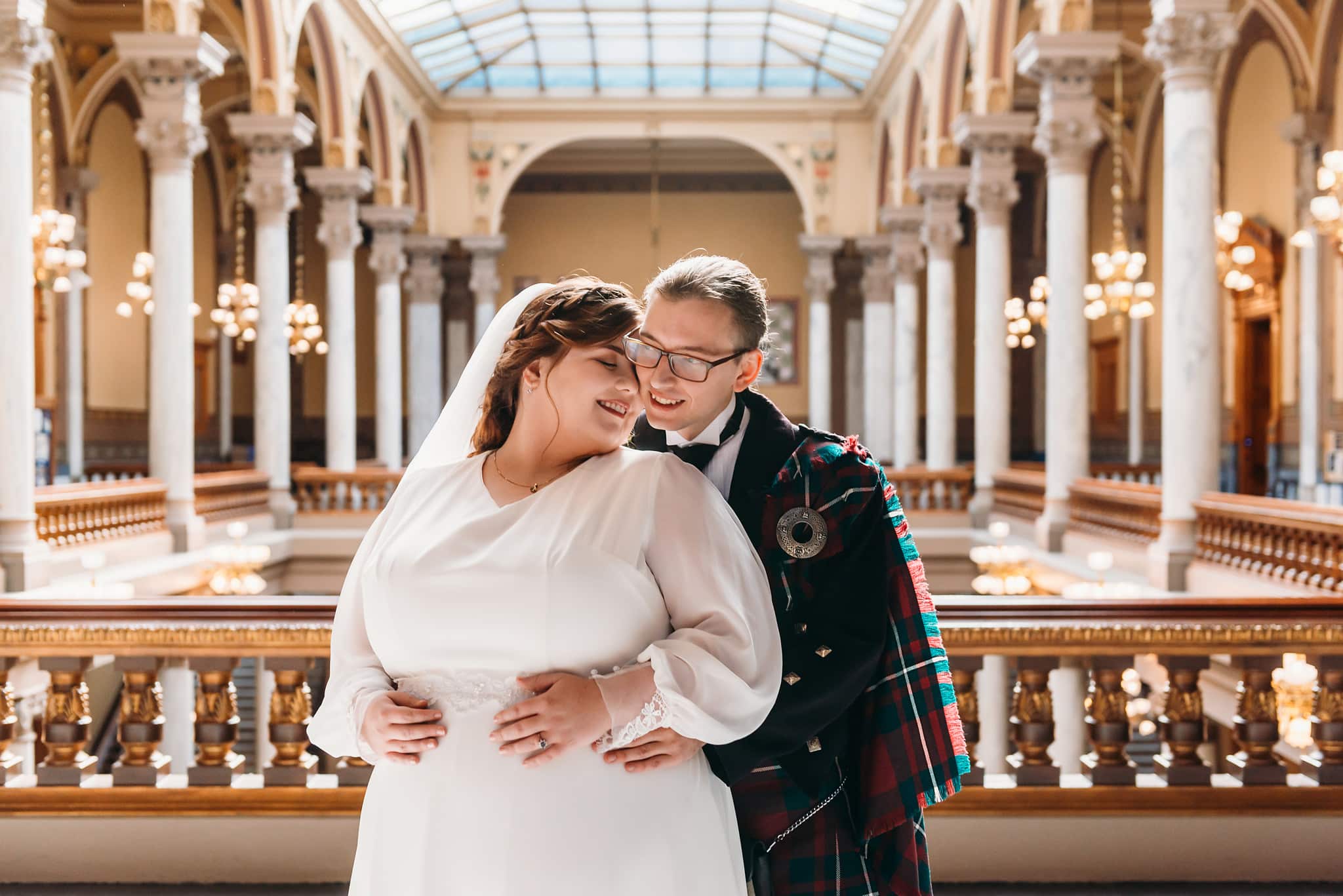bride and groom portrait indianapolis indiana state house wedding