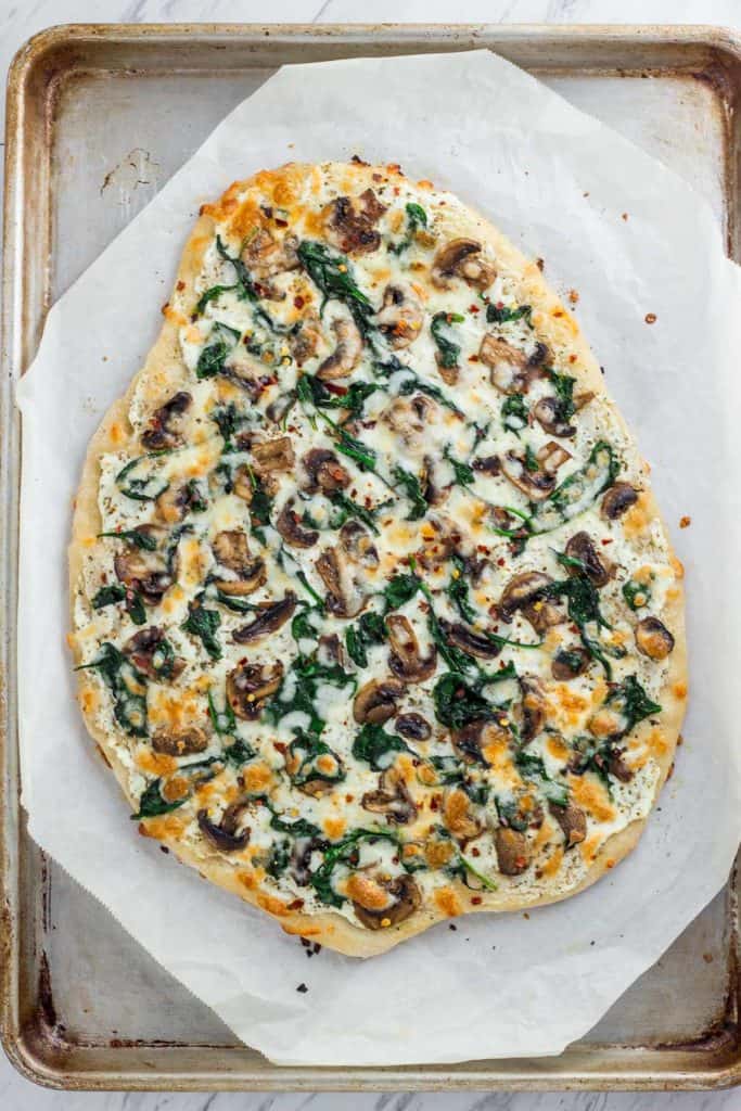whole white pizza after baking in the oven
