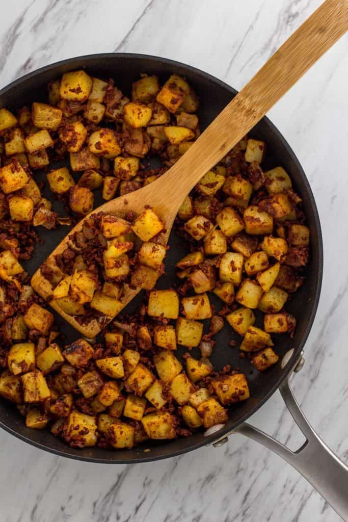 Vegan chorizo potato hash in pan