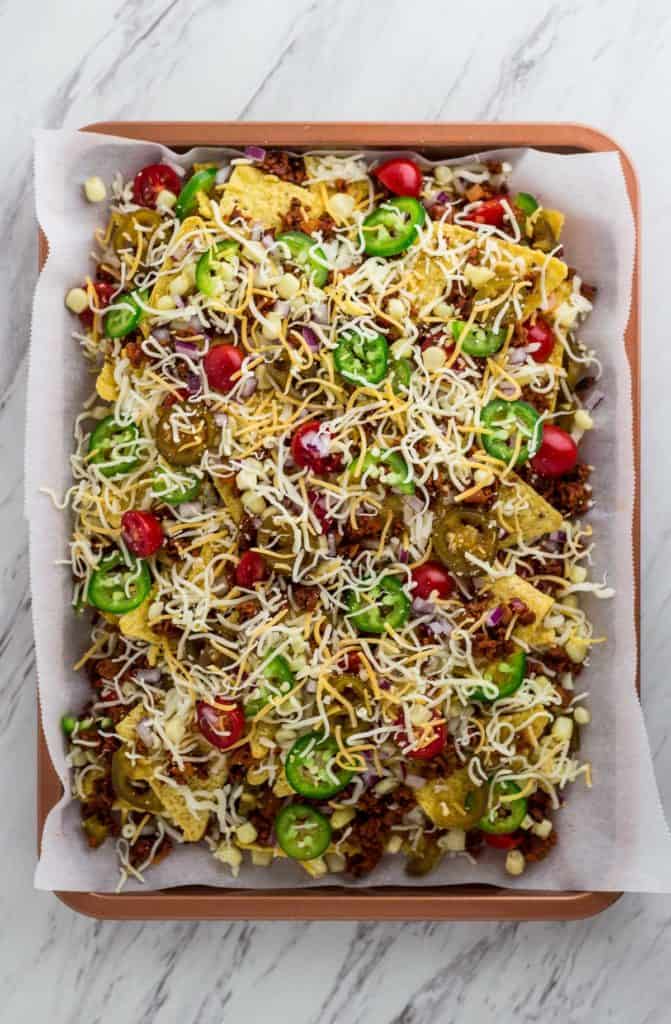 nachos with soy chorizo before the oven