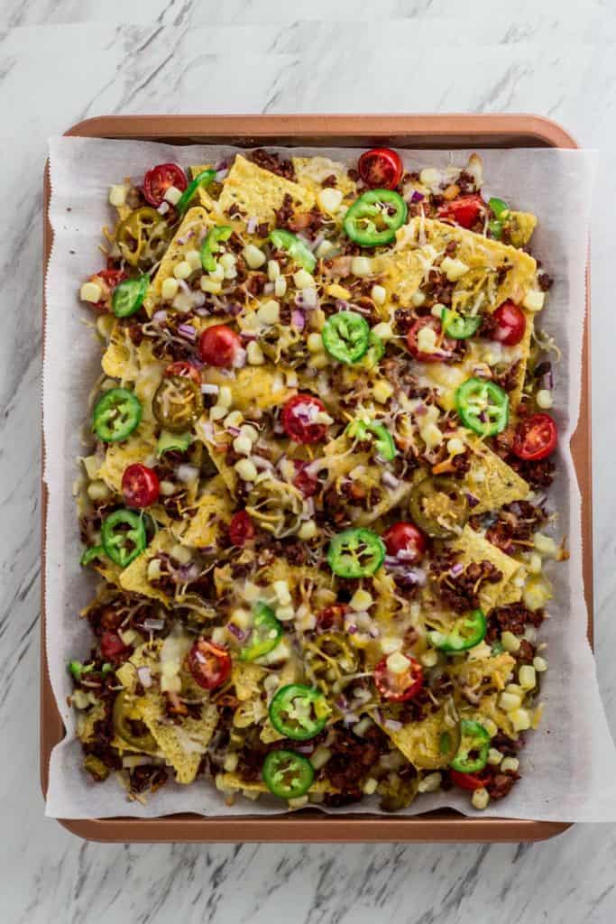 Nachos with soy chorizo, out of the oven