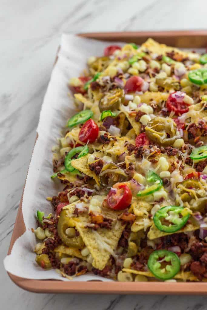 Nachos with soy chorizo, close up