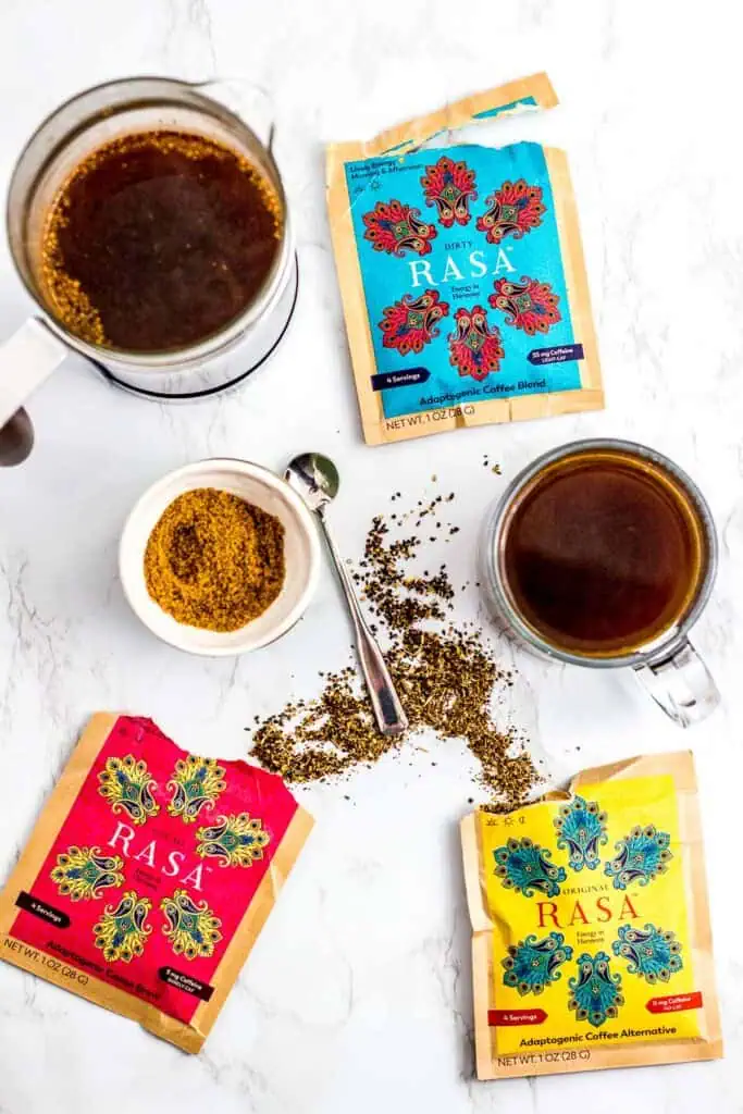 coffee alternative option 1- overhead shot of adaptogen coffee Rasa