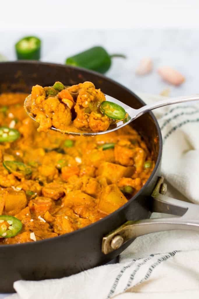 a spoonful of Indian style vegan vegetable curry from the pot