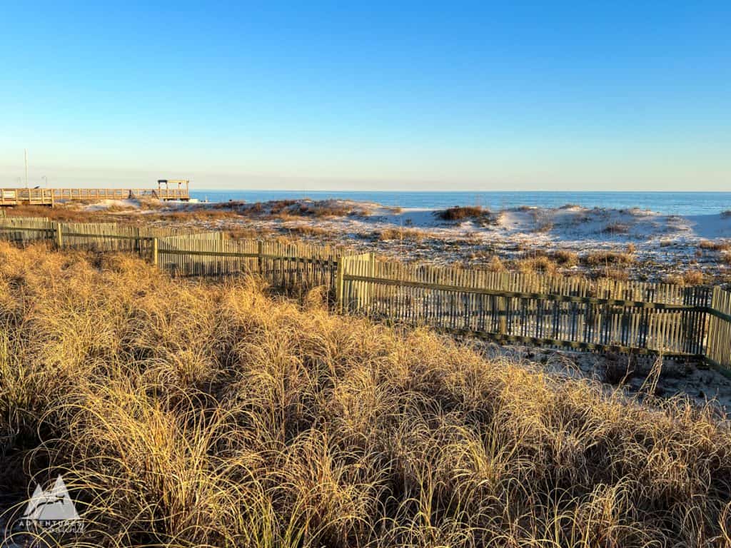 The image shows a scenic view of a beach in Gulf Shores, Alabama, under a clear blue sky. In the foreground, tall golden beach grasses grow behind a wooden fence, leading toward sand dunes that stretch along the coastline. A boardwalk with a small covered platform extends toward the ocean, which appears calm and blue in the background