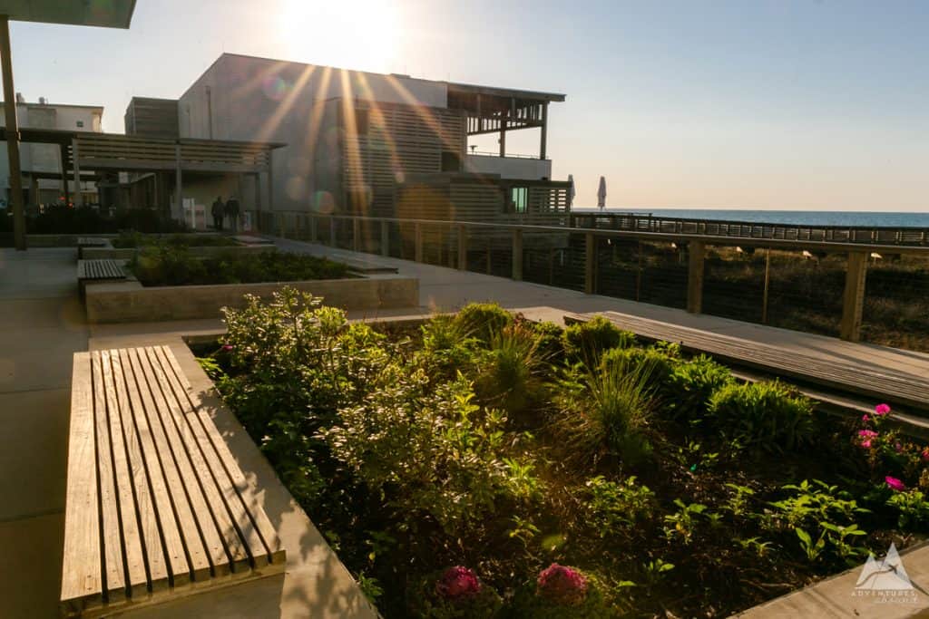 an outdoor area at The Lodge at Gulf State Park during sunset, featuring a modern, sustainable design. Wooden benches and raised garden beds filled with greenery and flowers line the pathway, leading toward a building with sleek, slatted architecture. In the background, a boardwalk extends towards the beach and ocean, with a couple of beach umbrellas visible. The sun casts golden rays over the scene, creating lens flares.