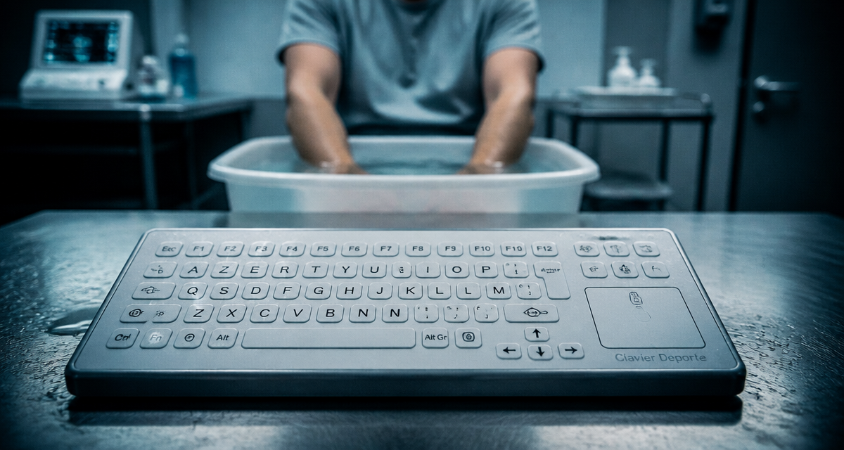 clavier déporté médical sur surface inox en milieu stérile