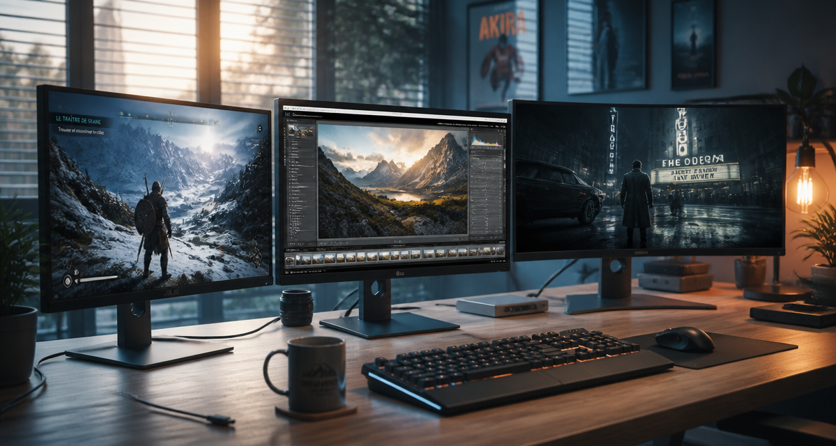 Comparatif écran PC sur bureau moderne avec trois tailles