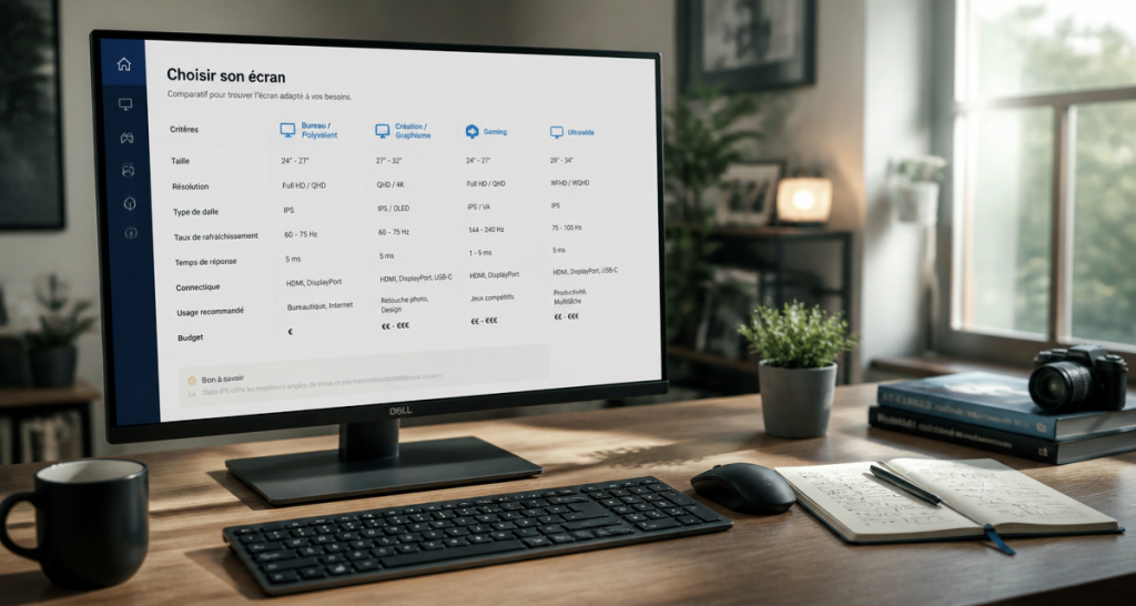 Ecran teletravail 27 pouces sur bureau
