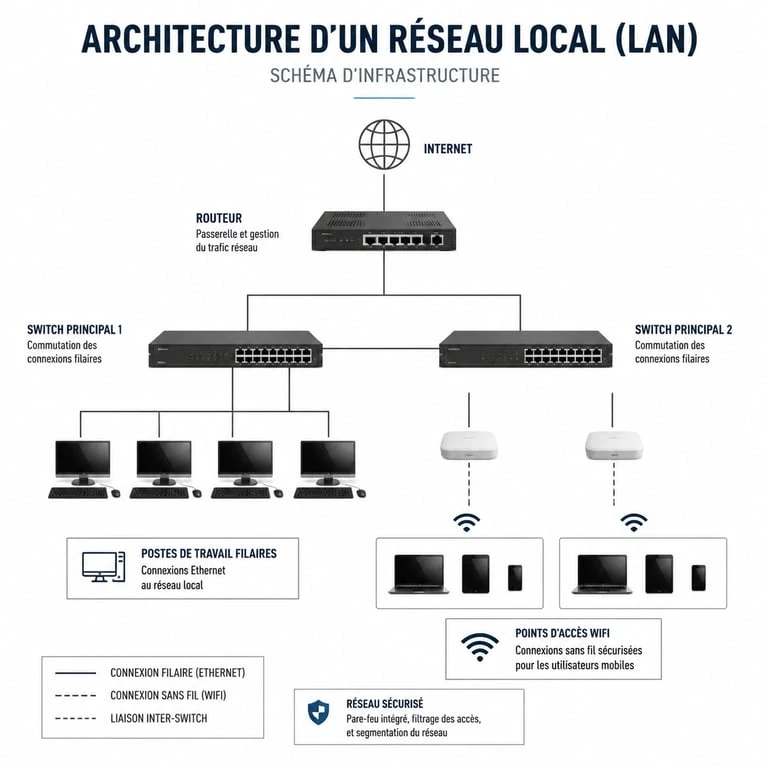 Architecture d'un réseau local LAN avec switchs et routeurs