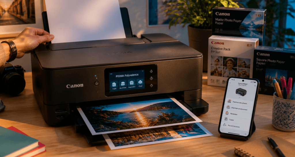 Imprimantes PIXMA sur bureau avec smartphone