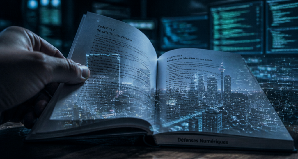Livre cybersécurité ouvert sur bureau avec codes