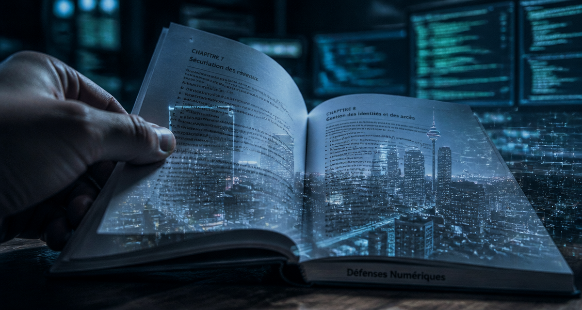 Livre cybersécurité ouvert sur bureau avec codes