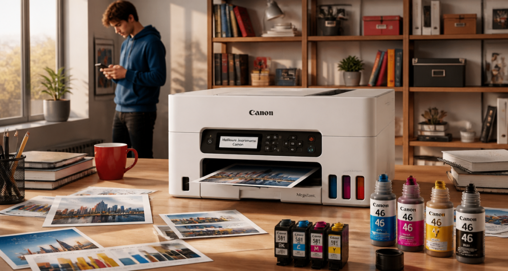 meilleure imprimante Canon sur bureau moderne avec MegaTank et cartouches