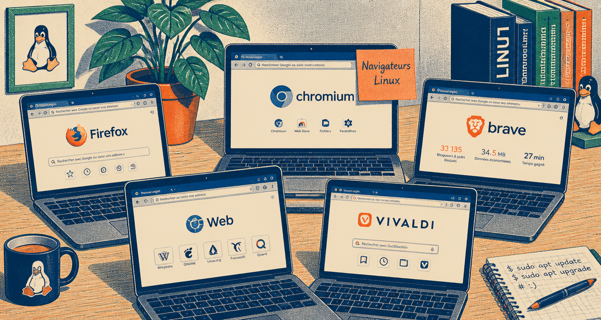 quel navigateur internet peut-on télécharger sur linux, ordinateurs affichant Firefox Chromium Brave GNOME Web Vivaldi