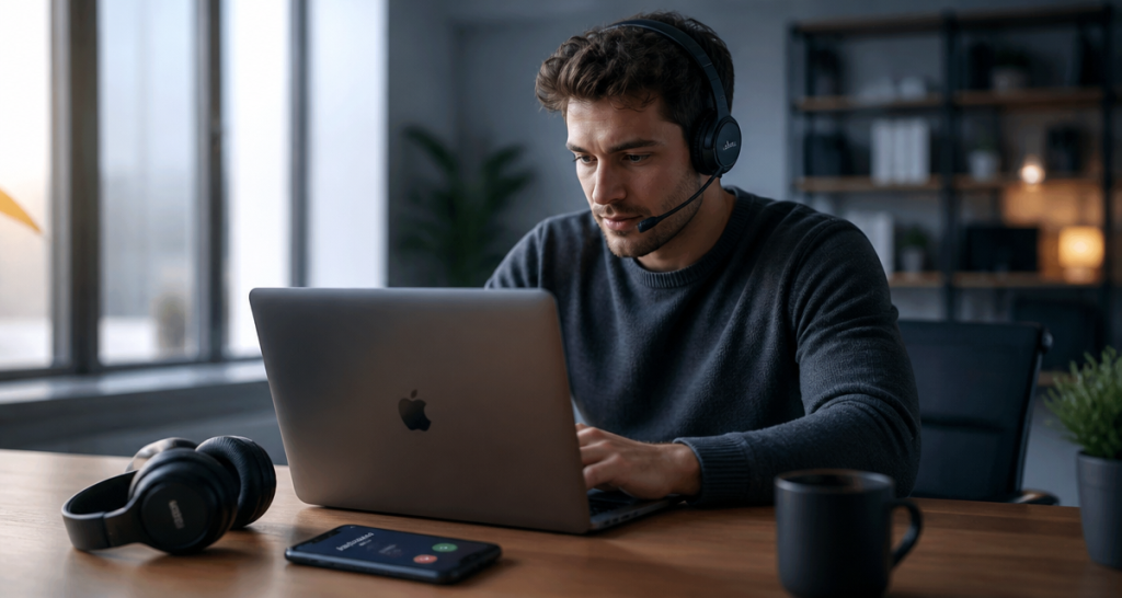 casque avec micro sans fil sur bureau moderne