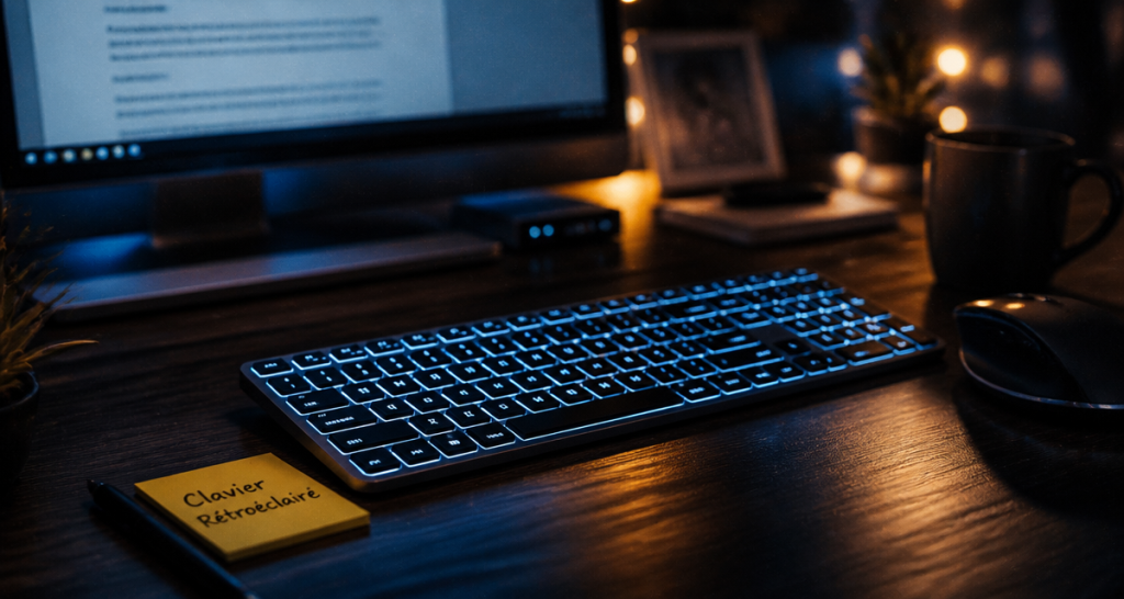 clavier rétro éclairé sans fil lumineux sur bureau