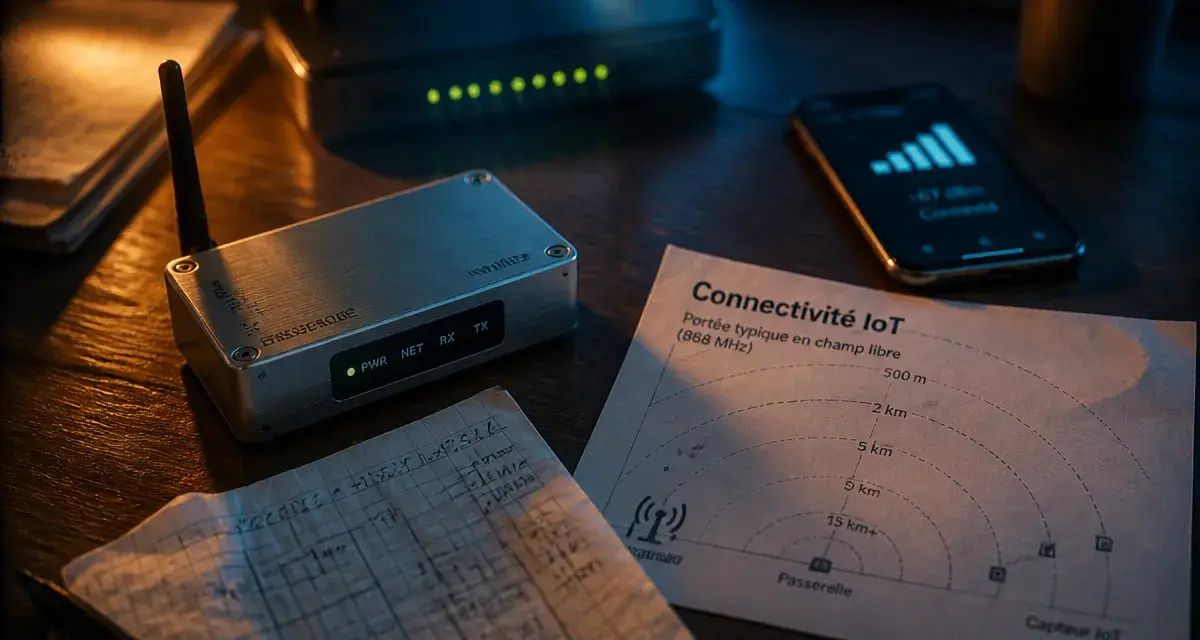 Connectivité IoT : capteur avec antenne, signal LPWAN/cellulaire/satellite sur smartphone