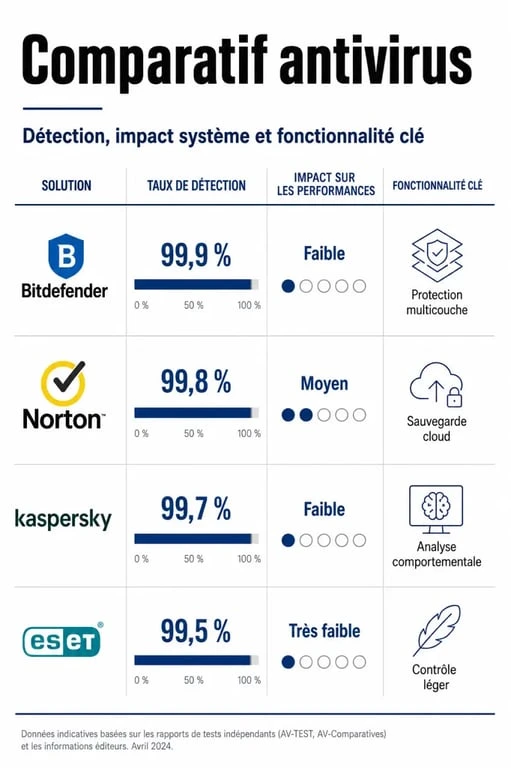 Infographie comparative des meilleurs antivirus pour Windows 11 : Bitdefender, Norton, Kaspersky et ESET